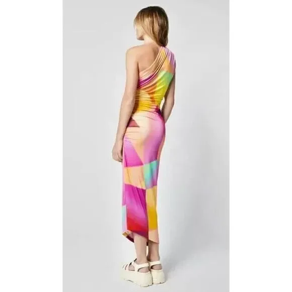 New SMYTHE Abstract Neon Print One Shoulder Jersey Stretch Ruched Midi Dress 10 - Picture 2 of 6